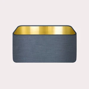 Lampshade Mid Denim Blue Textured 100% Linen Brushed Gold Rounded Rectangle - Picture 1 of 5