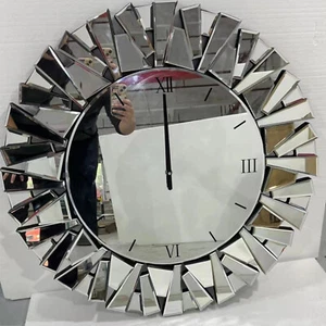 Sunburst Silver Mirror Decorative Large Clock Oversize Mirrored Glass Wall Clock - Picture 1 of 14