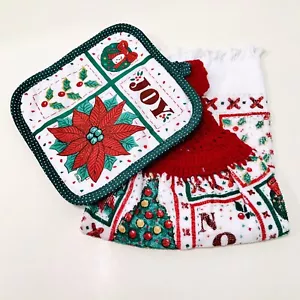 Christmas Vintage Hand Crocheted Poinsettia Top Hand Towel & Potholder Set - Picture 1 of 7