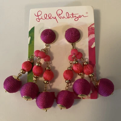 NEW Lilly Pulitzer SLATHOUSE SOIREE EARRINGS Drop Blackberry Gold Beaded Pink - Image 1 of 3