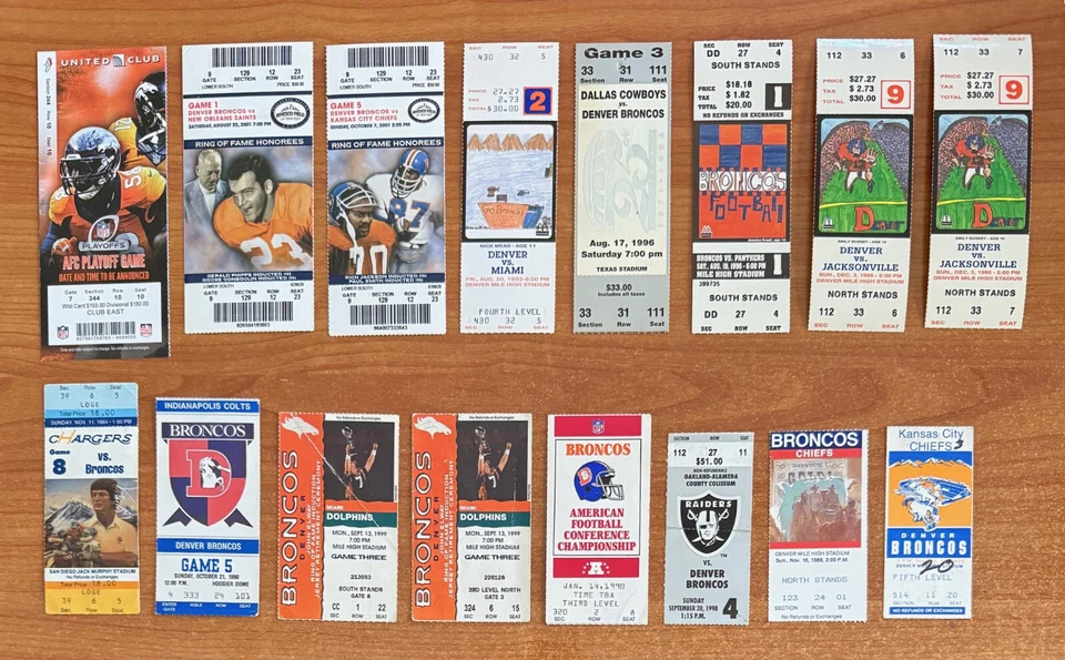 LOT of 16 - DENVER BRONCOS 1970s - 2000s NFL FULL FOOTBALL TICKETS & STUBS - Image 1 of 1