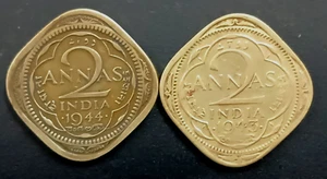 BRITISH INDIA TWO ANNAS 1943 & 1944 GEORGE VI RARE COIN - Picture 1 of 2