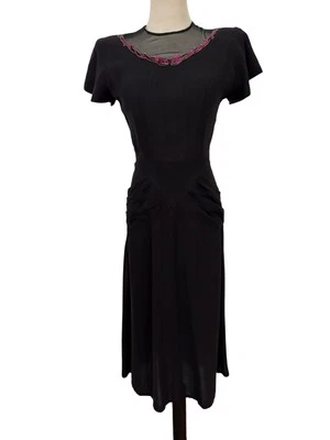 Vtg 40s Crepe Rayon Black Dress Purple Sequin Mesh Neck Bow Back Detail 26”w  - Image 1 of 4