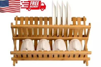 Деревянная сушилка для тарелок складная компактная стойка для тарелок бамбуковая сушилка для тарелок - Изображение 1 из 4