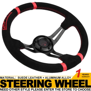 350mm 3 Spoke Deep Dish JDM Sport Racing Drifting Steering Wheel Suede Leather - Picture 1 of 9