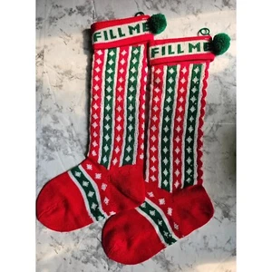 Pair of Vintage Hand Knit "Fill Me" Christmas Holiday Stockings 19.5" - Picture 1 of 10