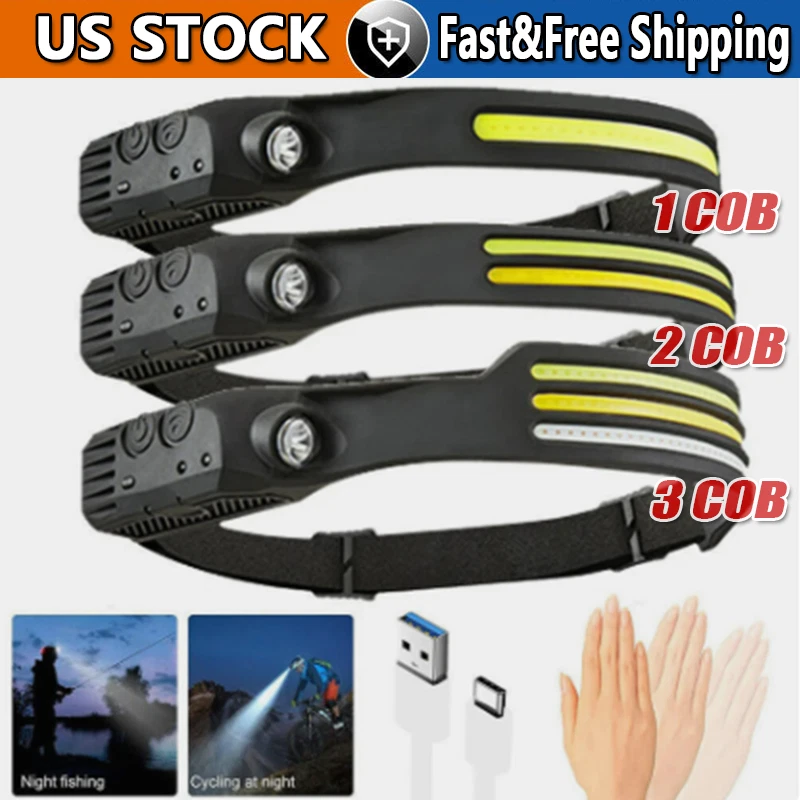 COB LED Headlamp USB Rechargeable Headlight Bar Head Band Torch Work Light 6000K - Image 1 of 4