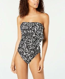2356 Dkny Printed Ruffle Front Bandeau One-Piece Swimsuit Black sz 18 nwot - Picture 1 of 2