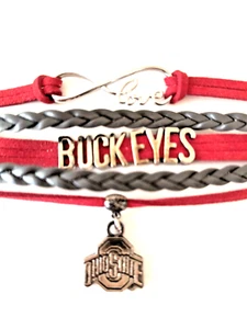 Ohio State Buckeyes Bracelet Red Leather Gray Braid Silvertone Charms Chain - Picture 1 of 14
