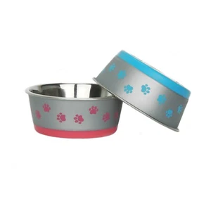 Dog Stainless Steel Bowl Blue or Pink Paws Hybrid Feeding Non Slip - Choose Size - Picture 1 of 8