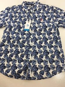 Original Penguin Boys Short Sleeve Leaf Print Button Up White/blue 10/12y NWT= - Picture 1 of 7