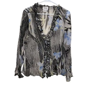 Tess Blouse Women's Large Colorful Floral Ruffle Sheer 100% Silk Long Sleeve Top - Picture 1 of 12