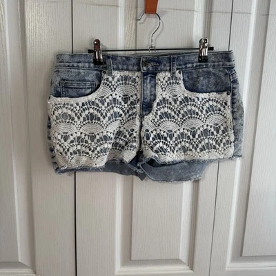 Pantalones Cortos Iris Jeans Azul Blanco Encaje Para Mujer Talla Grande Playa Boho Verano  Foto 1 de 4