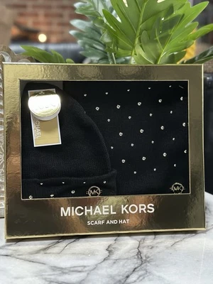 Nuevo con etiquetas Auténtico Elegante Michael Kors Negro y Dorado Conjunto de 2 Sombrero Bufanda Caja de Regalo $98 Foto 1 de 3