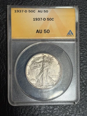1937 年 D 版自由女神步行半美元 50 美分 ANACS AU50 — 第 1/2 张图片