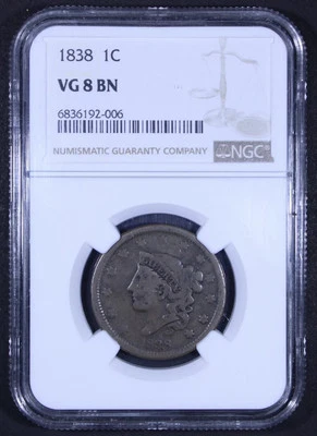 1838 Coronet Head Large Cent - 1c NGC VG8 - Image 1 of 4