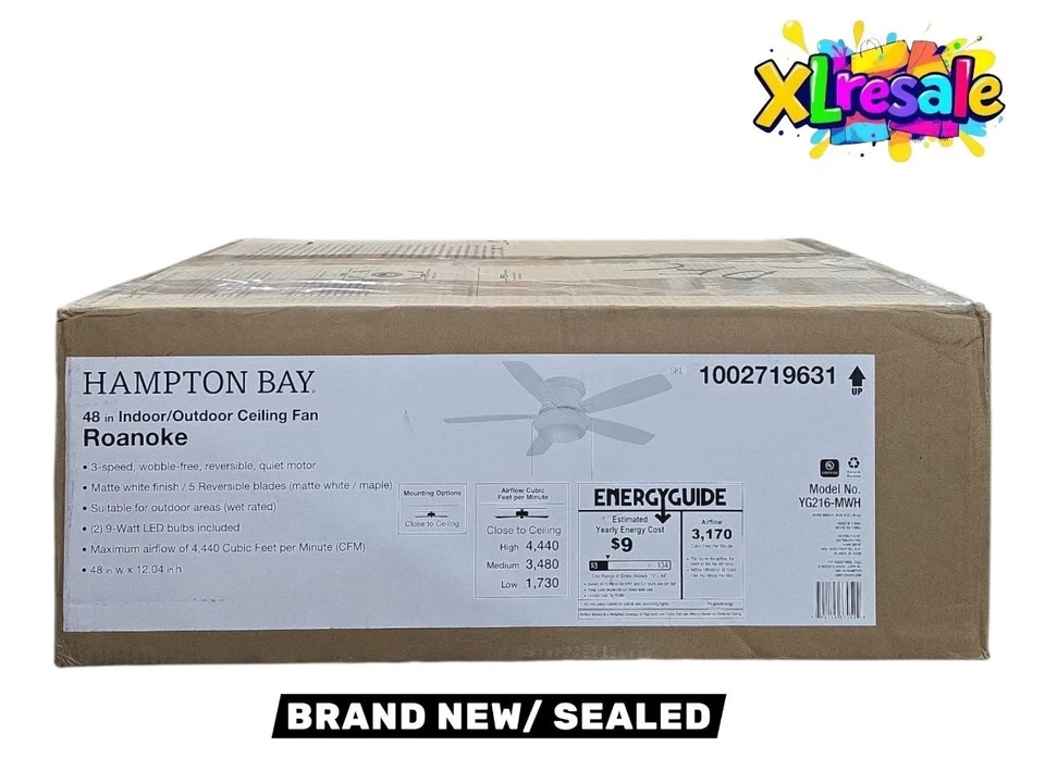 Hampton Bay Roanoke 48 in. Indoor/Outdoor White Ceiling Fan with LED Bulbs - Image 1 of 4