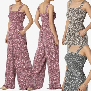 TheMogan S~3X TALL Leopard Print Wide Strap Smocked Cami Wide Leg Long Jumpsuit - Picture 1 of 17