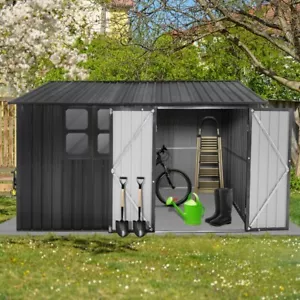 8*10 FT Outdoor Storage Shed Metal Garden Tool Shed Lockable Door w/Window Black - Picture 1 of 8