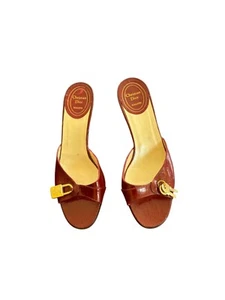 Christian Dior Souliers Burgundy Heeled Sandals With Gold Lock & Key Accent - Ch - Picture 1 of 10