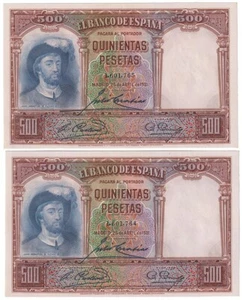 SPAIN P84 PAREJA CORRELATIVA 500 PESETAS 1931 EL CANO SC UNC SERIE 1601764/5 - Imagen 1 de 2