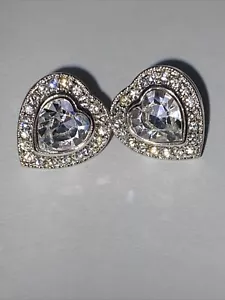 Rhinestone Heart Stud Earrings Silver Tone Clear White Stone - Picture 1 of 10