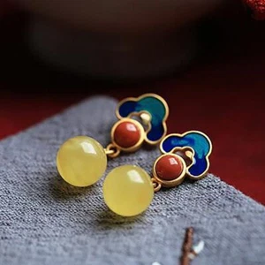 New Design Ancient Gold Craftsmanship Inlaid Natural Yellow Round Chalcedony - Picture 1 of 6
