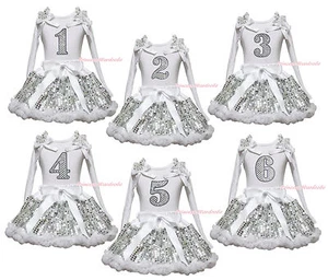 Birthday 1ST 2ND 3RD 4TH 5TH 6TH White Top Girls Bling Sequin Skirt Outfit 1-8Y - Picture 1 of 13