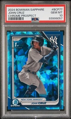 John Cruz 2024 Bowman Sapphire 1st Chrome BCP 77 PSA GEM MINT 10  POP 1 Yankees - Image 1 of 4