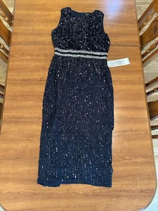 MAC DUGGAL ärmelloses Midikleid hochgeschlossen Perlen Pailletten 10509 marineblau Größe 8 - Bild 1 von 9
