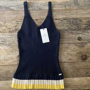 $98 SCOTCH & SODA Navy/yellow&white Plisse Ruffle Stretch Tank Top Women Sz XS/S - Picture 1 of 8