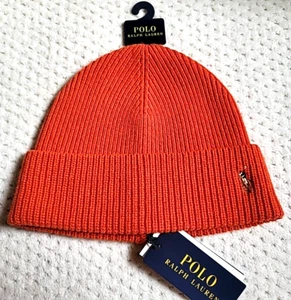 NWT Polo Ralph Lauren Orange Cuff Wool Blend Signature Pony knit Beanie Hat - Picture 1 of 3