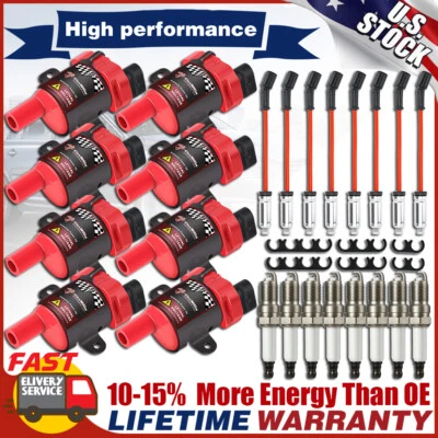 Set of 8 Round Ignition Coil Pack UF262 with Spark Plug and Wire For Chevy GMC - Image 1 of 4