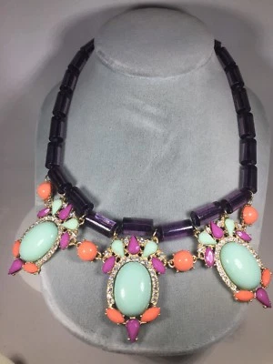 New Trifari Chunky Necklace Rhinestones Apricot Magenta Lt Turquoise Stones - Image 1 of 2