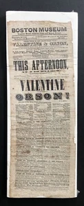 1855 Boston Museum Theater Broadside, Theatrical Production of Valentine & Orson - Imagen 1 de 8