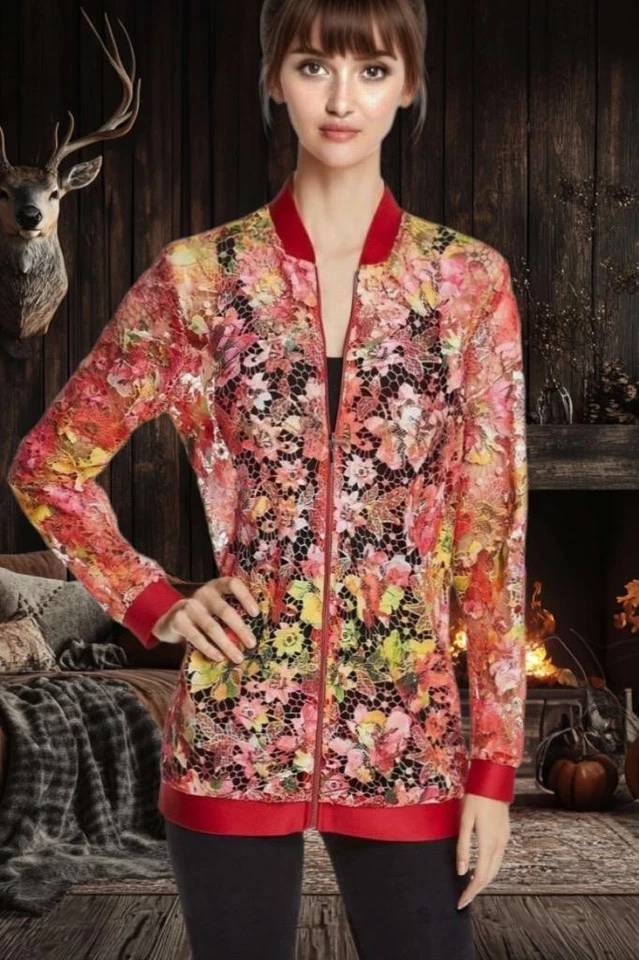 US$188 GALE by T TAHARI Orange Meadow Lark Lace Floral Print Sheer Jacket L New - Image 1 of 1