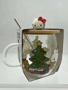 Hello Kitty Cafe 2023 Exklusiver Glasbecher Weihnachten Urlaub Deckel Löffel Tasse Box - Bild 1 von 5