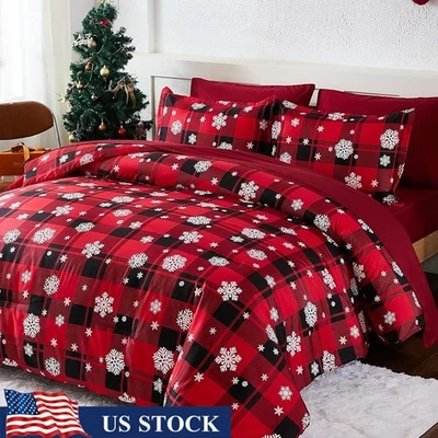 Рождественский комплект постельного белья из 7 предметов королевский размер снежинки клетка микрофибра сделано в США - Изображение 1 из 4