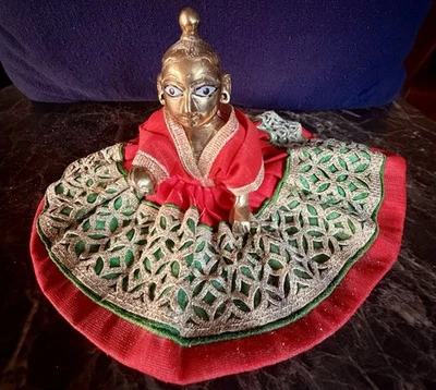 Brass Laddu Gopal with Laddu Gopal Dress Bal Gopal Red Poshak Vastra Kanha Ji - Image 1 of 4