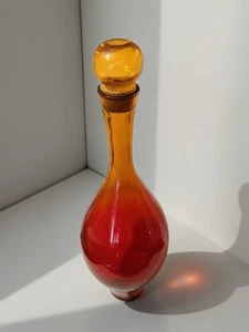 Vintage MCM Glass Genie Bottle Decanter Amberina Orange Round Ball Stopper 18" - Picture 1 of 22