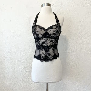 Schwarz Spitze Korsett Top Neckholder Illusion XS Extra Small Goth Whimsigoth Gothic - Bild 1 von 9