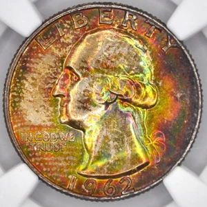 1962-D 25C Washington Quarter NGC MS65 - Beautiful Rainbow Toning - Picture 1 of 6