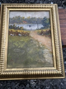 Antique Oil Painting On Canvas Landscape Signed M. J? Gold Wood Frame - Picture 1 of 12