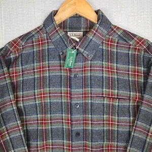 LL BEAN New Mens Size Medium Flannel Shirt Gray/Red/Green Plaid Button Down - Picture 1 of 13