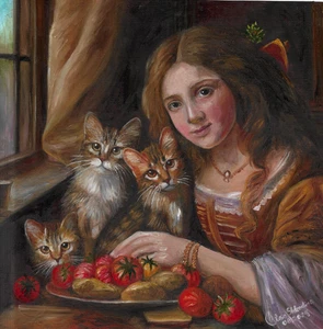 original painting 30 x 30 cm 96SkA artwork oil paints modern woman&cats - Picture 1 of 3