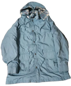 Vintage The Woolrich Woman Flannel Wool Lined Blue Parka Coat Jacket Hood Large - Picture 1 of 4