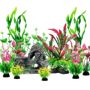 12pcs Fish Tank Accessories Colorful Artificial Plants Cave Rock Decor Set - Picture 1 of 8