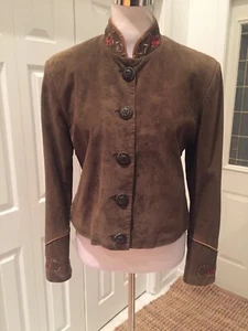 Scully Suede Olive Floral Embroidery Trim Cropped Jacket 12 Very Cute! - Picture 1 of 10