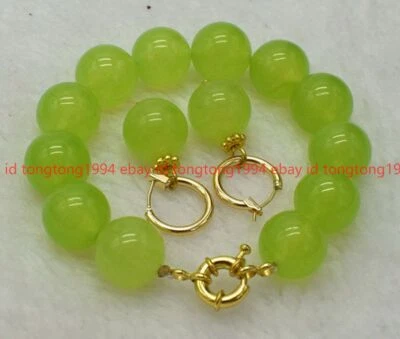 Charmant 14mm Peridot Runde Edelstein Perlen Armband Ohrringe Set 19cm - Bild 1 von 3