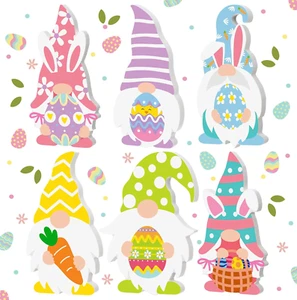 6 Pcs Happy Easter Table Sign Cute Gnome Wooden Tabletop Decoration Wood Rabbit - Picture 1 of 12